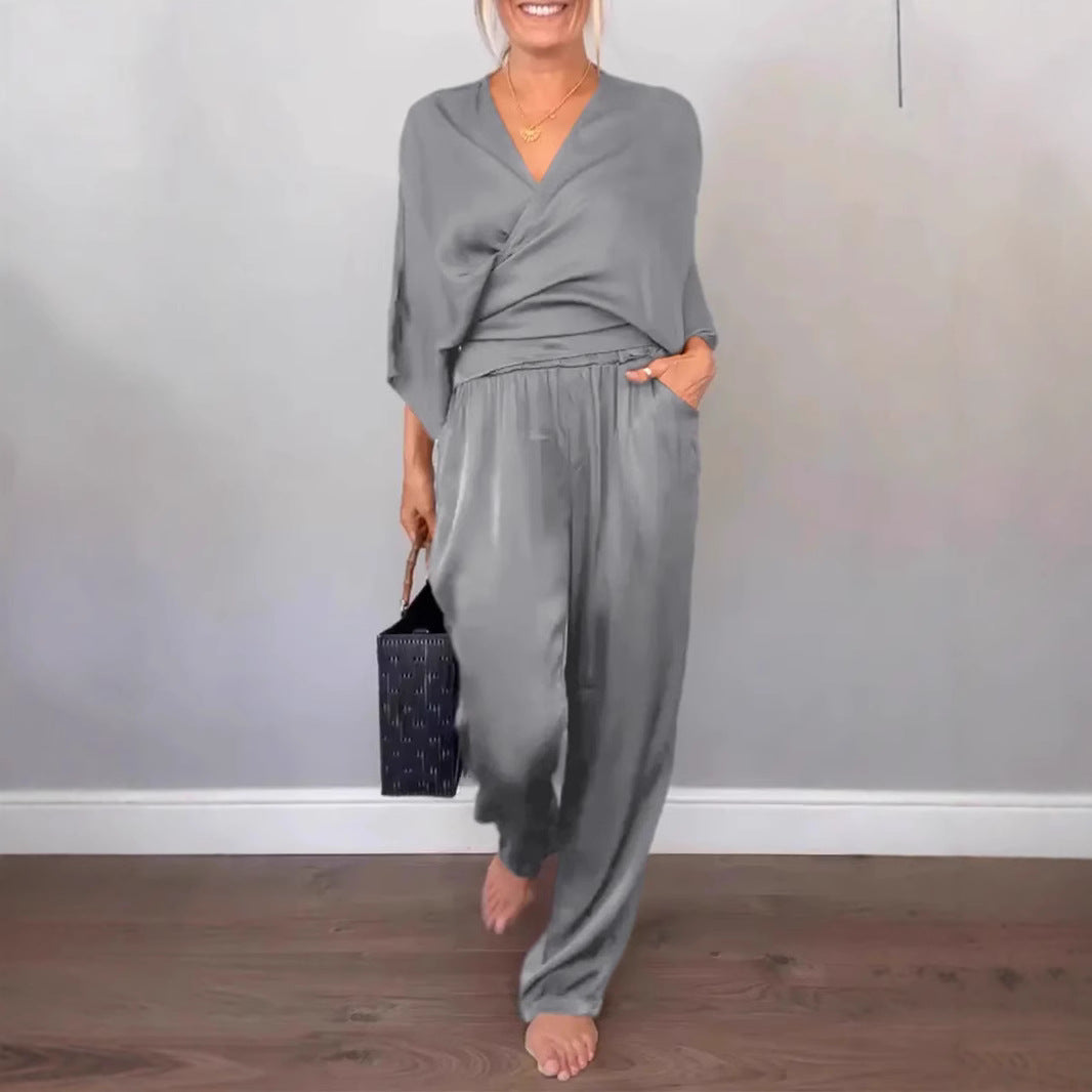 Solid Color Satin Short-sleeved Top Pants Suit Women
