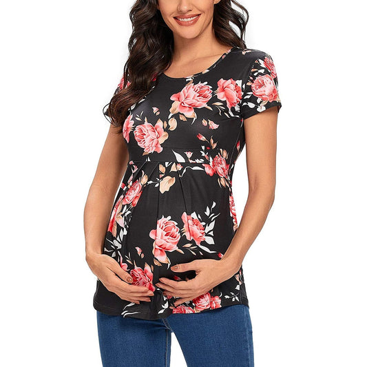Fashion Print Round Neck Short Sleeve Maternity T-shirt