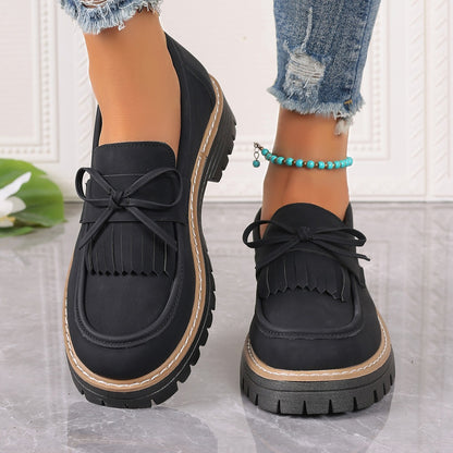 Plus Size Loafers Women Tassel Thick Heel Bowknot