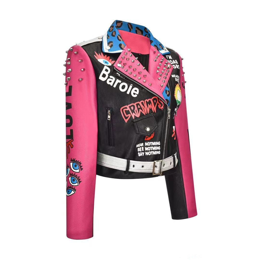 New Letter Motorcycle Printing Rivet Short Street Leather Coat For Women