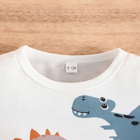 Summer Boy Dinosaur Printed T-shirt Denim Shorts Suit