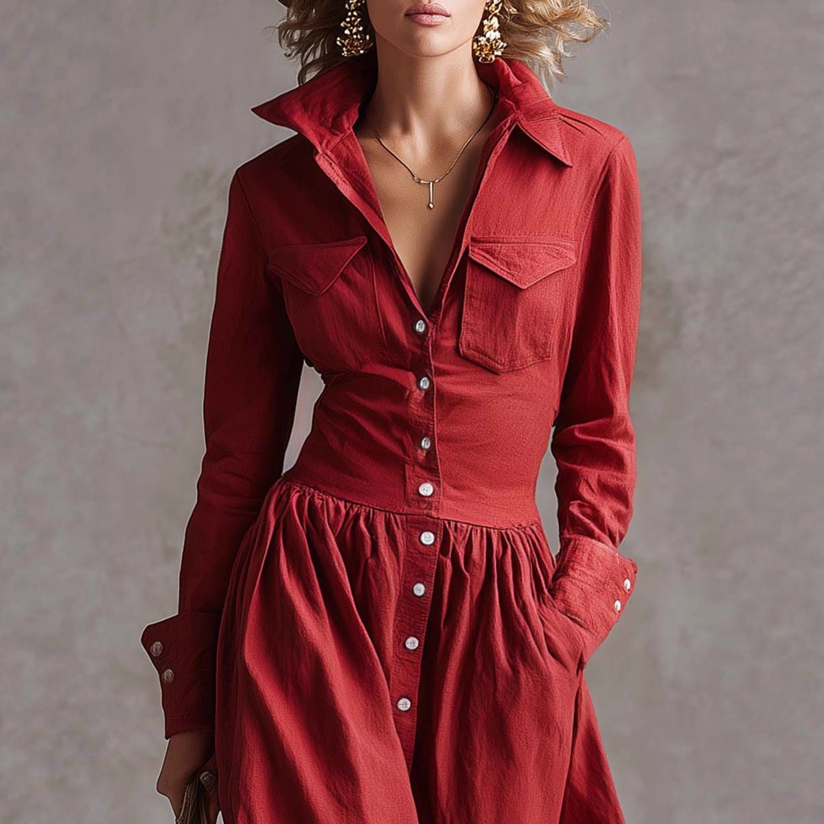 Retro Solid Color Long Dress For Women