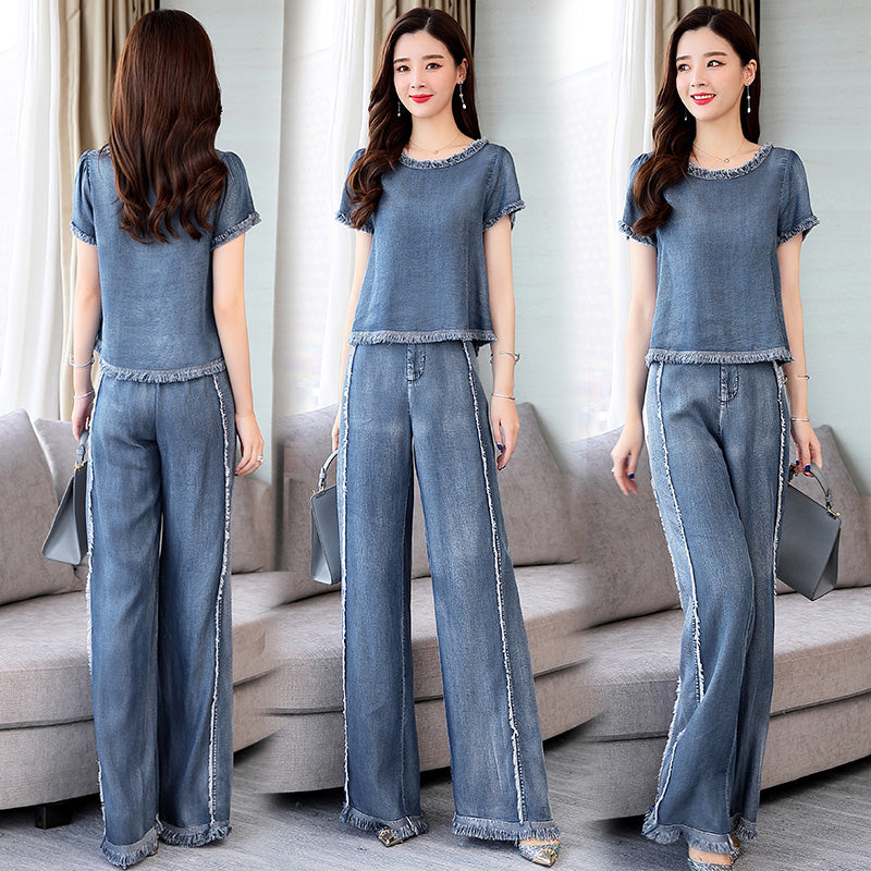 Fashion Slim Denim Wide Leg Pants Two-piece Women