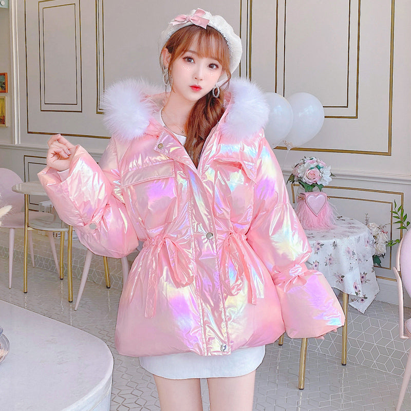 Fox Real Fur Collar Candy Color Shell Color Down Jacket Shiny Cotton Jacket Women Winter Cute Little Fragrant Wind Cotton Jacket