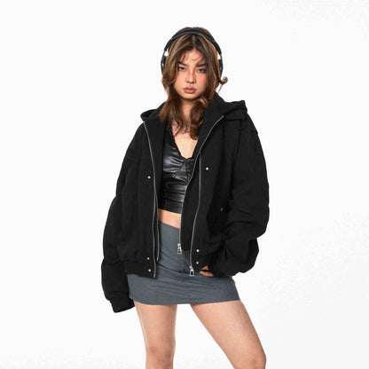Fake Two Pieces Hooded Workwear Coats Female Cropped Jacket