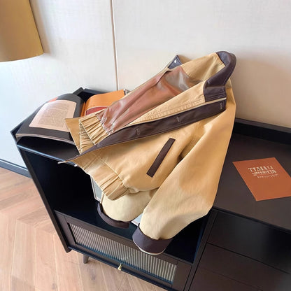 Khaki Leather Patchwork Stand Collar Jacket Short Coat For Women Autumn
