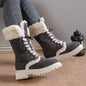 Winter Lace-up Snow Boots For Women Mid-tube Fleece Shoes Warm Chunky Heels Plush Boot