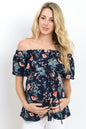 Off-neck Loose Lace-up Short Sleeve Printed Maternity Top