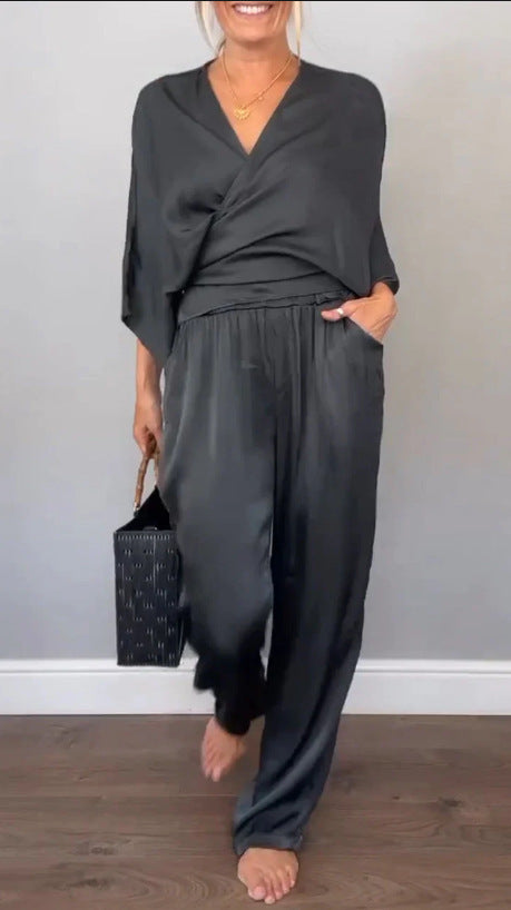 Solid Color Satin Short-sleeved Top Pants Suit Women