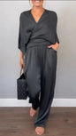 Solid Color Satin Short-sleeved Top Pants Suit Women