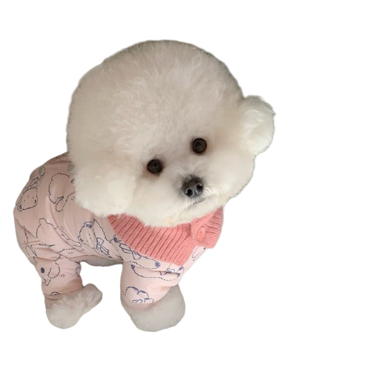 Cute Bear Print Pet Winter Jumpsuit With Knitted Scarf, Padded Dog Onesie With Fleece Cuffs For Cold Weather