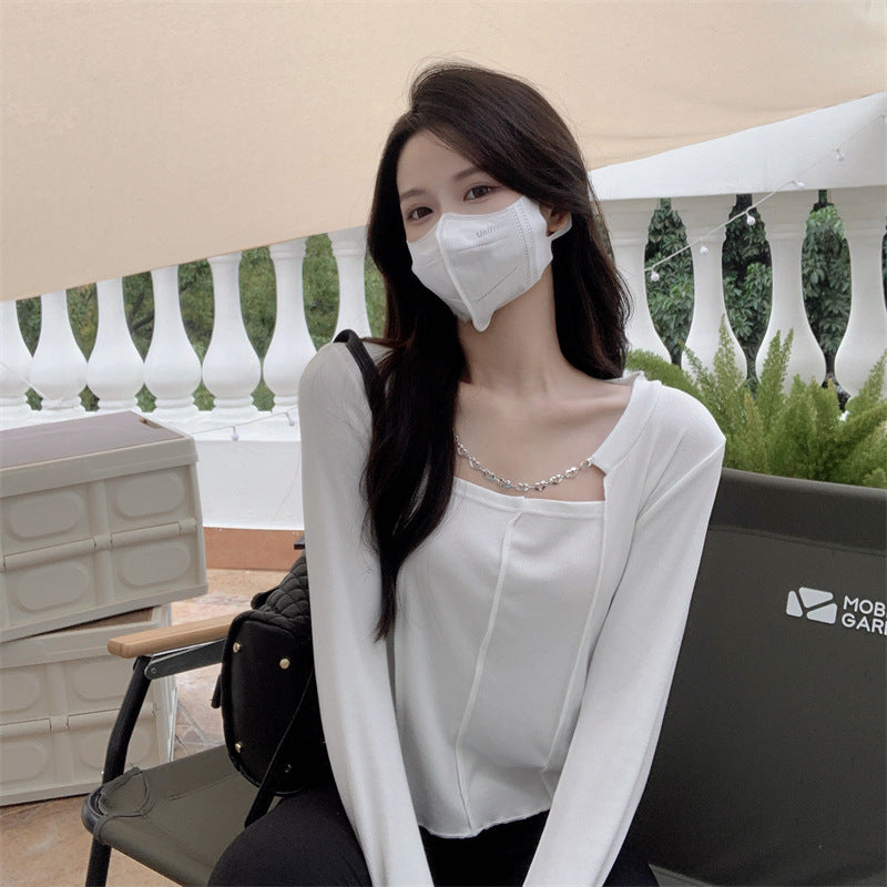 Long Sleeve Plus Size T-shirt Women Chain Slim Top