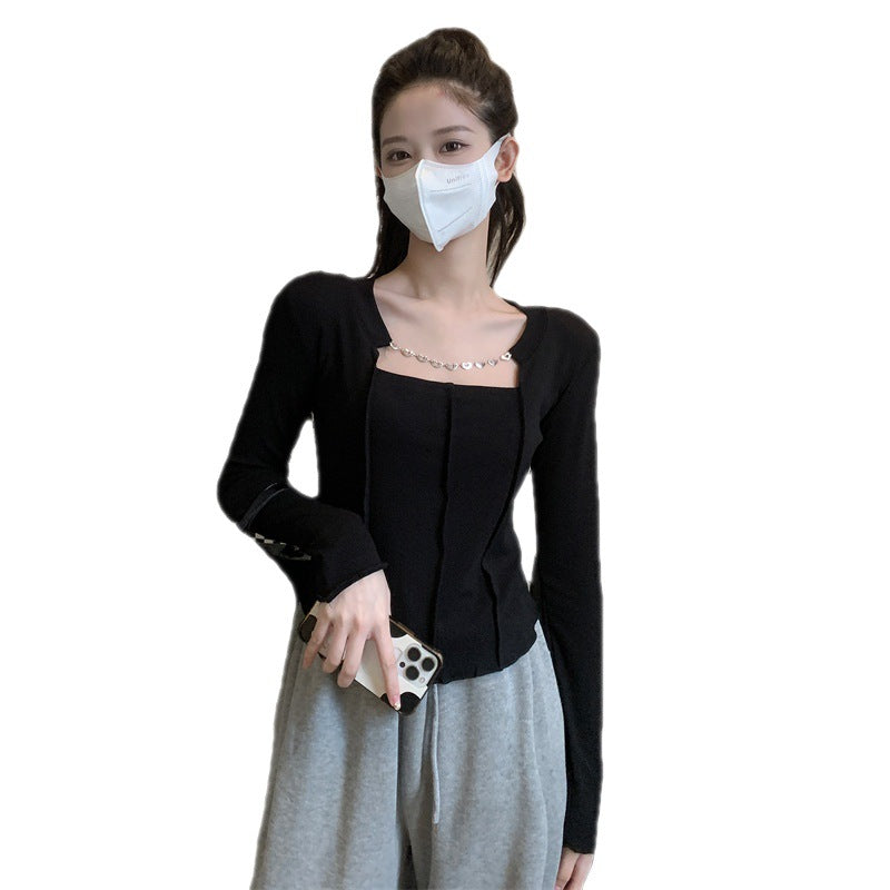 Long Sleeve Plus Size T-shirt Women Chain Slim Top