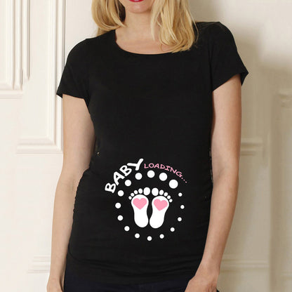 Black Pregnancy Shirt Maternity Cute Baby Print O-Neck Short