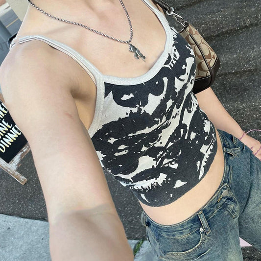 Retro Black Y2K Personalized Print Vest Sling Hot Girl Summer Slim Top