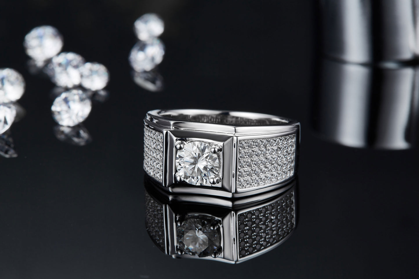 Men's 1-carat Luxury And Fashionable Light Luxury Jewelry Silver Ring Set With Top-quality Moissanite, S925 Silver-plated Platinum