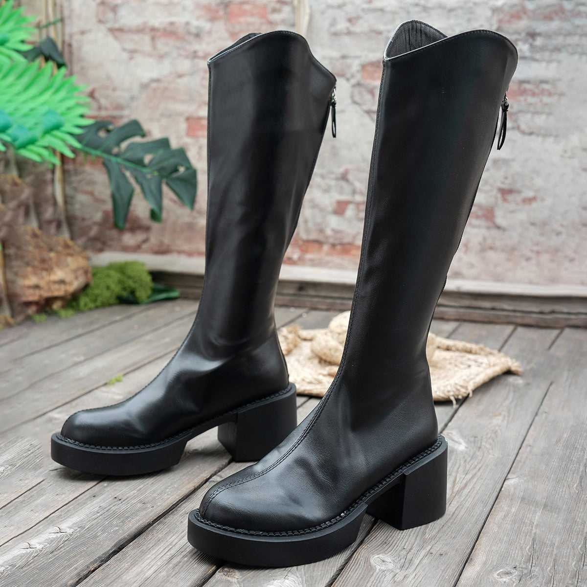 Chunky Heeled Figure Flattering European And American Style Knee High Boots