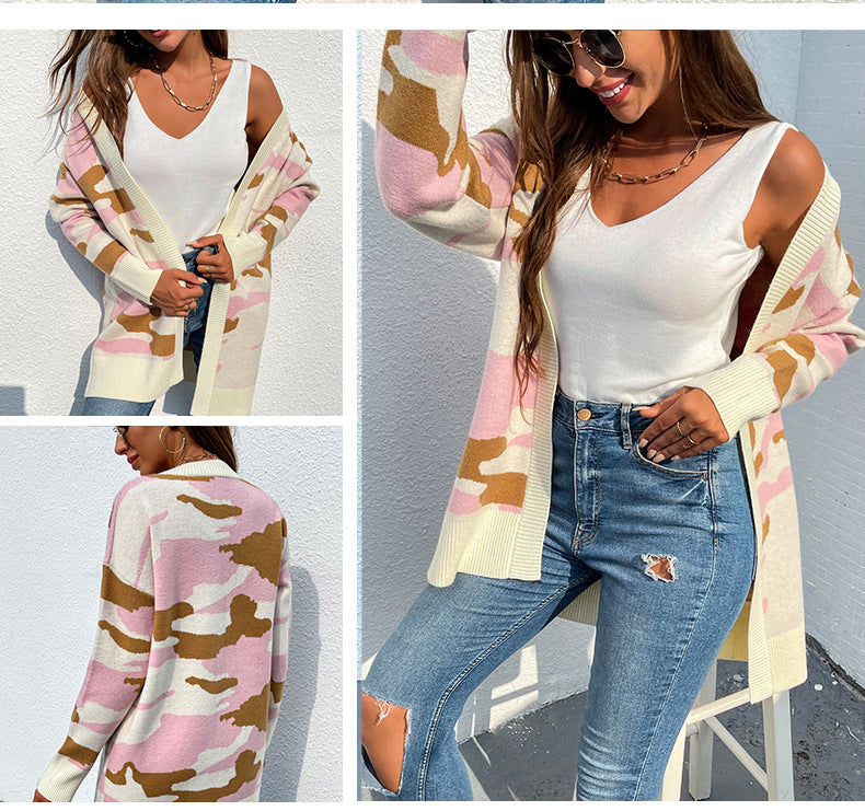 Knit Sweater Women's Long Camouflage Sweater Cardigan