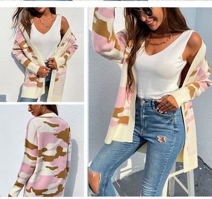 Knit Sweater Women's Long Camouflage Sweater Cardigan