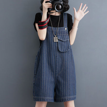 Summer New Large Vertical Stripe Denim Strap Shorts For Women