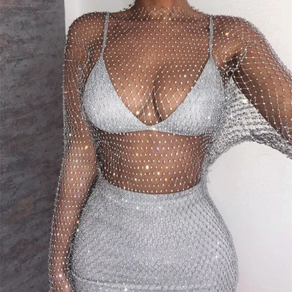 Women Rhinestone Cutout Mesh Top Blouse