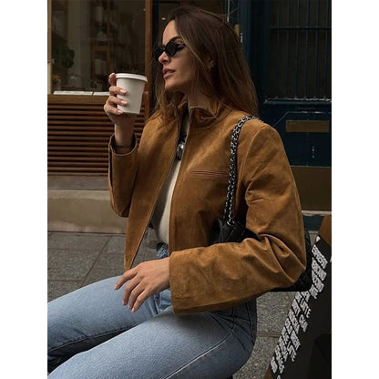 Spring Short Suede Jackets Women Brown Stand Collar Zip