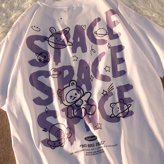 Escape From The Earth Japanese Cartoon Shortsleeved Tshirt Female Cotton Loose Couple Soft Girl Top