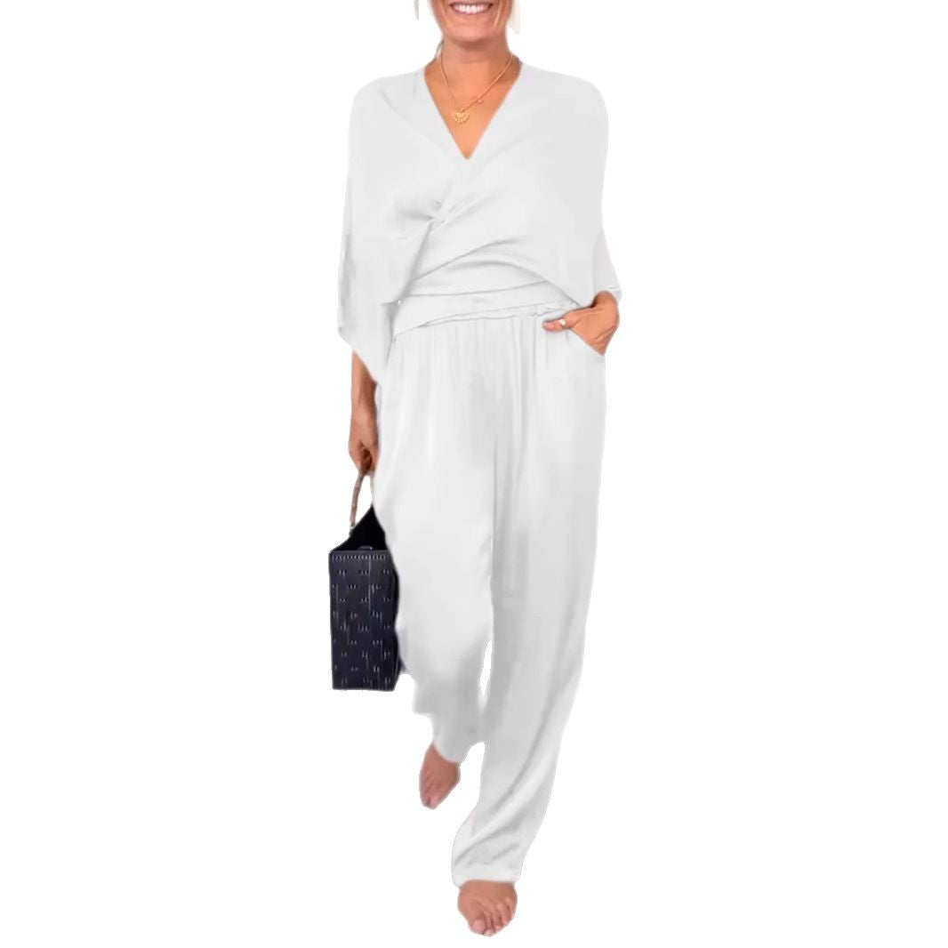 Solid Color Satin Short-sleeved Top Pants Suit Women