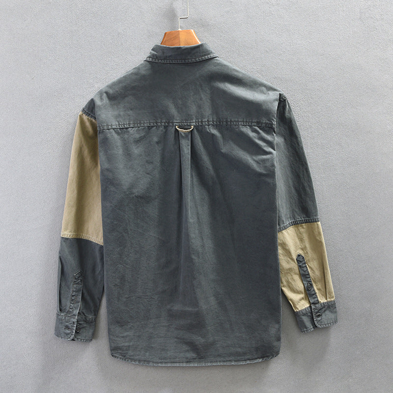 Retro Patchwork Pure Cotton Workwear Shirt Men