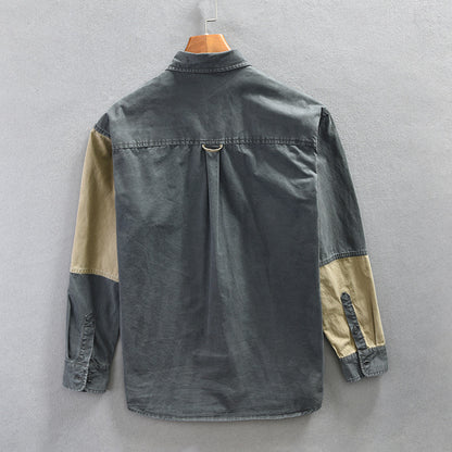 Retro Patchwork Pure Cotton Workwear Shirt Men