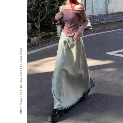Light Color Retro Washed Denim Skirt For Women