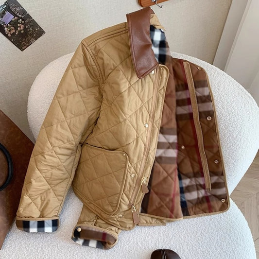Retro Plaid Stitching Leather Lapel Cotton Coat Jacket Women