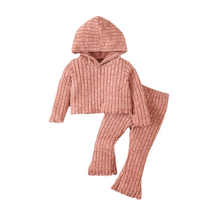 Infant Toddler Cute Style Solid Color Hooded Sweater Bell-bottom Pants Suit