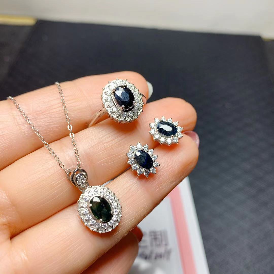 Tian'ran Sapphire Set Ring Pendant Stud Earrings 925 Silver Inlay Simple