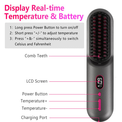 Grey-Black Options -- 1Pc Cordless Negative Ion Hair Straightener Brush Rechargeable Mini Styling Comb With 12 Heating Levels Anti-scald 30S Preheating 30Mins Auto Sleep LCD Display