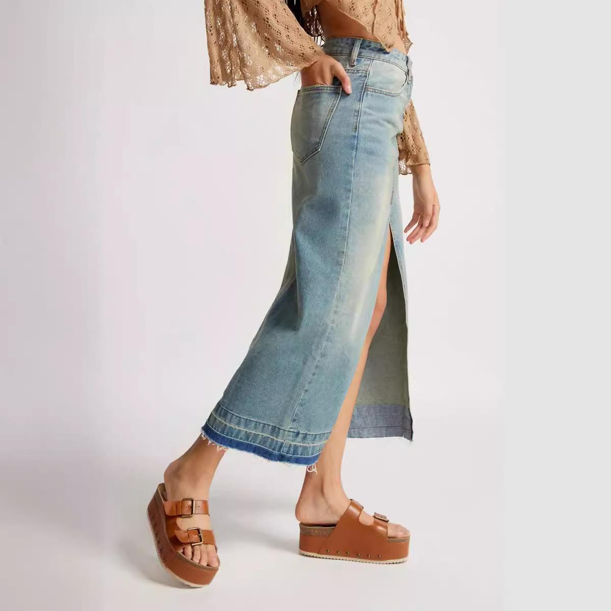 Retro Slim-fit Denim Maxi Skirt For Women