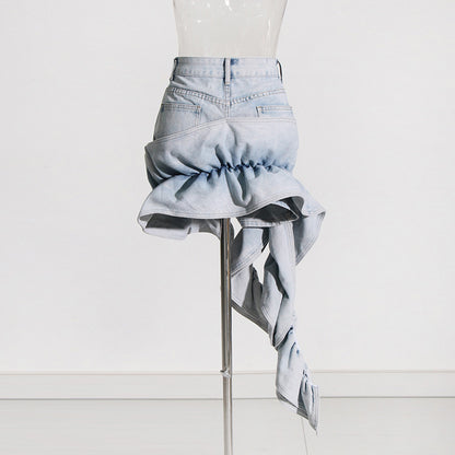 Patchwork Ruffled High Waist A- Line Denim Skirt Women