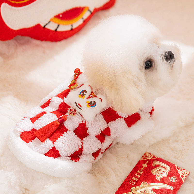 Chinese New Year Checkered Pet Coat With Lion Dance & Fortune Details, Plush Festive Dog Jacket For Lunar New Year