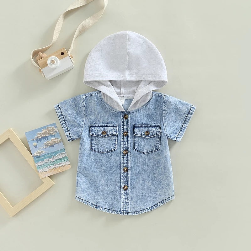Boy Hooded Single-breasted Denim Shirt