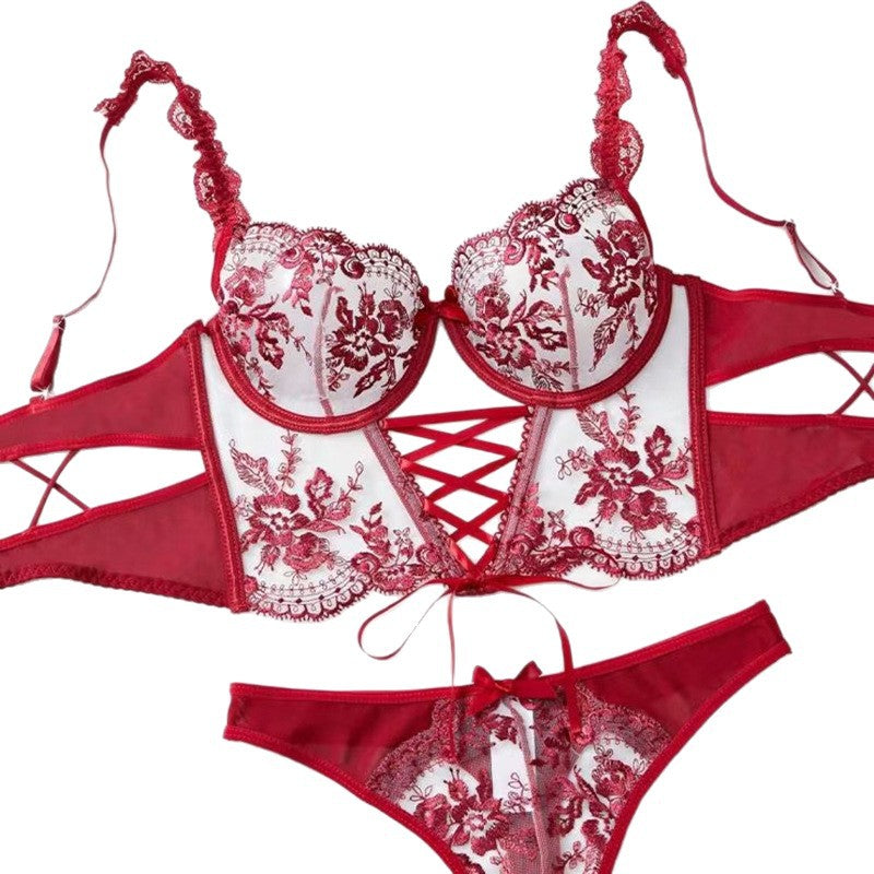 Mesh Exquisite Embroidered Flowers Cross Strap Underwear Suit Women