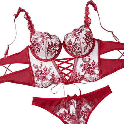 Mesh Exquisite Embroidered Flowers Cross Strap Underwear Suit Women
