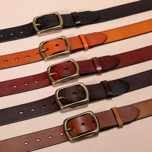 Men's Belt Genuine Leather Top Grain Pure Cowhide Retro Brass Buckle