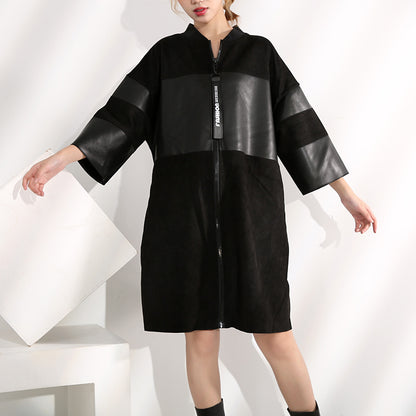 Dark PU Leather Trench Coat For Women Plump Girls Large Size Three Quarter Sleeve Mid-length Leather Coat