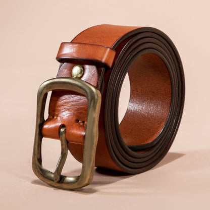 Men's Belt Genuine Leather Top Grain Pure Cowhide Retro Brass Buckle