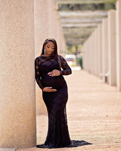 Women's Lace Maternity Round Neck Collar Trailing Long Dress