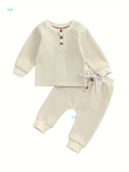 Toddler Thicken Waffle Clothes Set Boy Girls Buttons Round