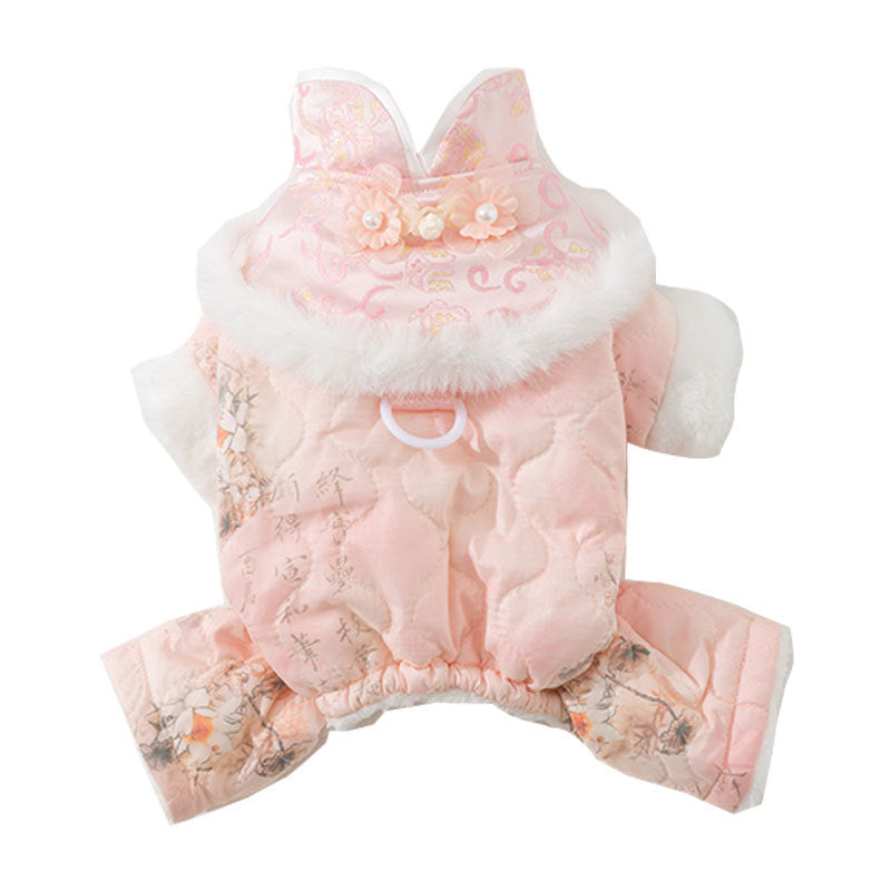 New Autumn Winter Dog Overalls Thick 4-Legged Chinese Floral Tang Style Cotton-Padded Jumpsuit Pet Clothes For Small Dogs