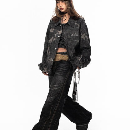 Tie-dyed Embroidered Denim Coat For Women