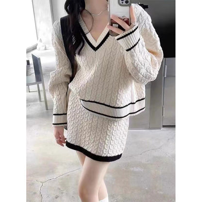 Autumn Winter Retro Contrast Color Hemp Pattern Sweater Skirt Two-piece Set For Women