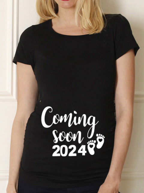 Black Pregnancy Shirt Maternity Cute Baby Print O-Neck Short
